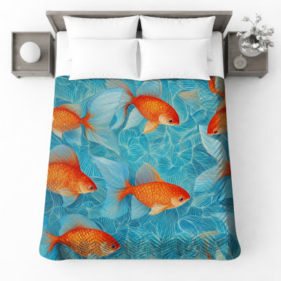 Orange Goldfish Pattern Quilted Bedspread All Sizes