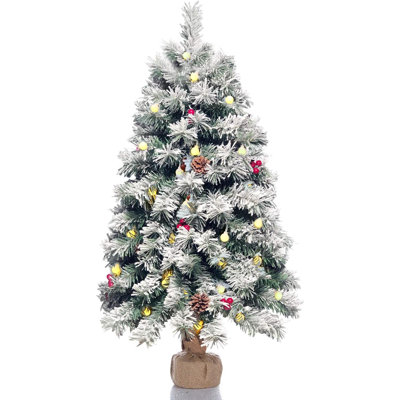 Arbre de Noël artificiel pré-éclairé 3 pi, arbre de Noël enneigé avec 70 lumières DEL, 140 branches, 7 pommes de pin, 10 baies rouges pour bureau, alimenté par piles