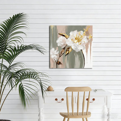 Pivoine blanche décorative dorée, art mural sans cadre, 16 x 16