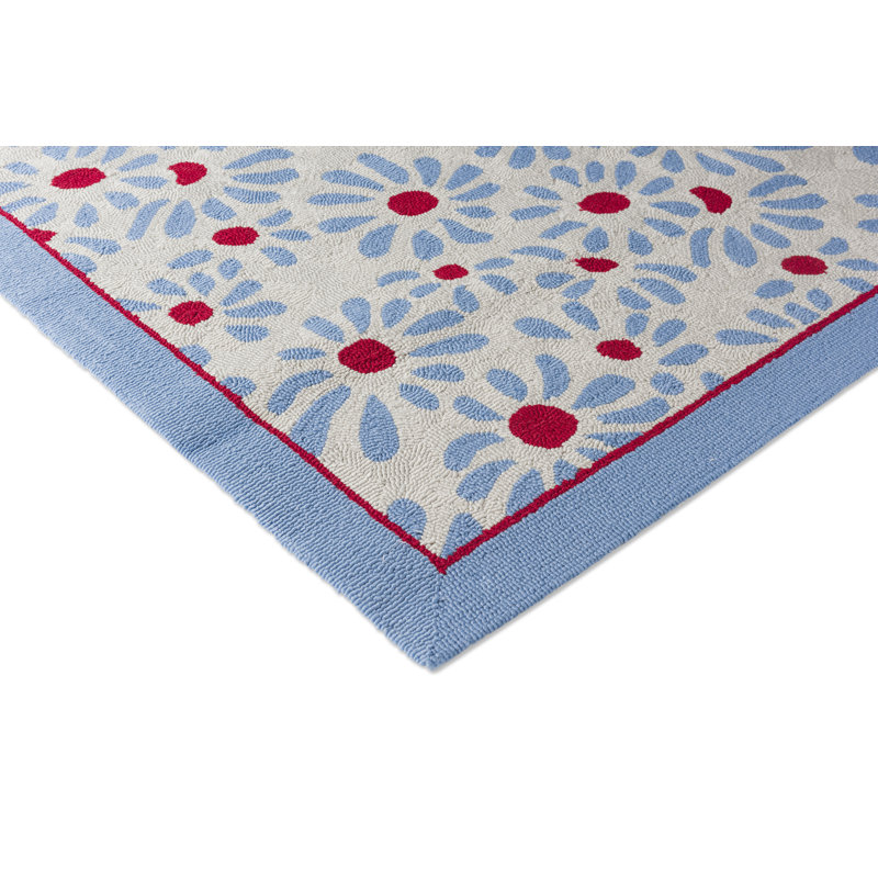 Tapis intérieur / extérieur en polypropylène crocheté à la main rectangulaire bleu / blanc, Rectangle 4 pi 7 po x 6 pi 7 po