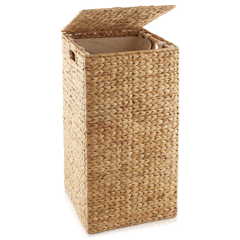 Casafield Laundry Hamper with Lid, 1-Section Square Water Hyacinth Laundry Basket, Tan