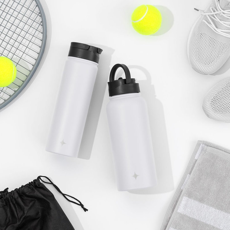 Bouteille d'eau triple isolée JoyJolt avec couvercle rabattable et couvercle en paille sport, 32 oz, Blanc