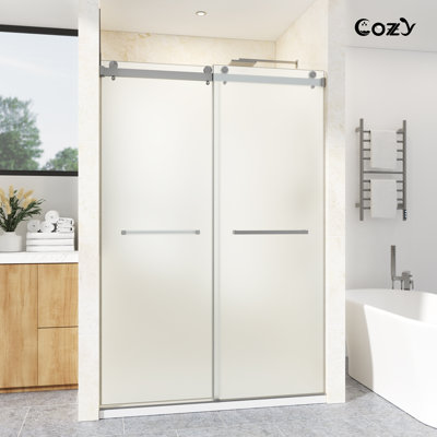  56-61" W x 76" H Frameless Double Sliding Shower Door, 10mm SGCC Frosted Tempered Privacy Glass with Anti-Explosion Film & R5 Beveled Edge