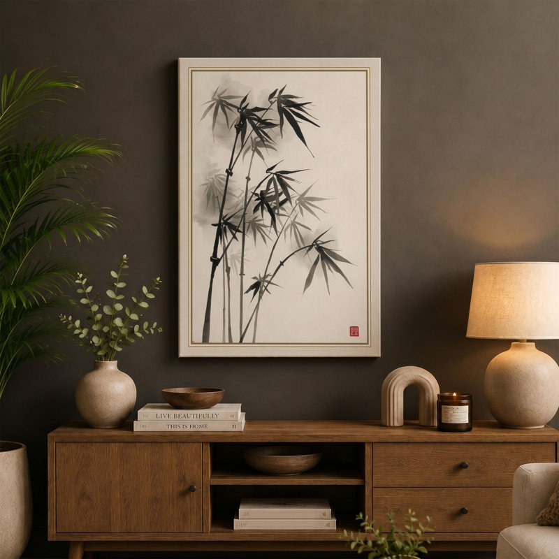 Bamboo in Ink Japandi - Wrapped Canvas, 30x20 - 76.2 x 50.8 cm, Teal Border