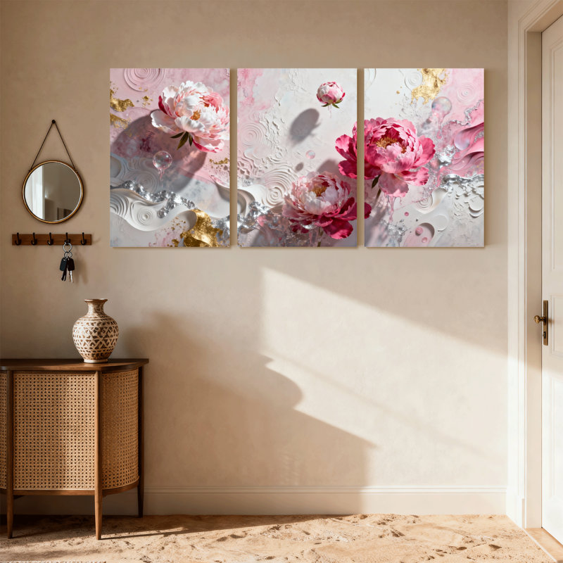 Plantes et fleurs pivoines roses avec décorations dorées, ensemble de 3 impressions sur toile, H 18 po x l 36 po