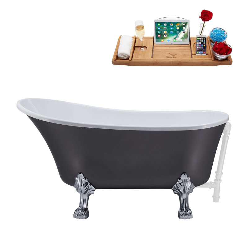 Baignoire de trempage sur pieds en acrylique 55 "avec bonde, pattes et plateau en bambou Streamline, Blanc lustré