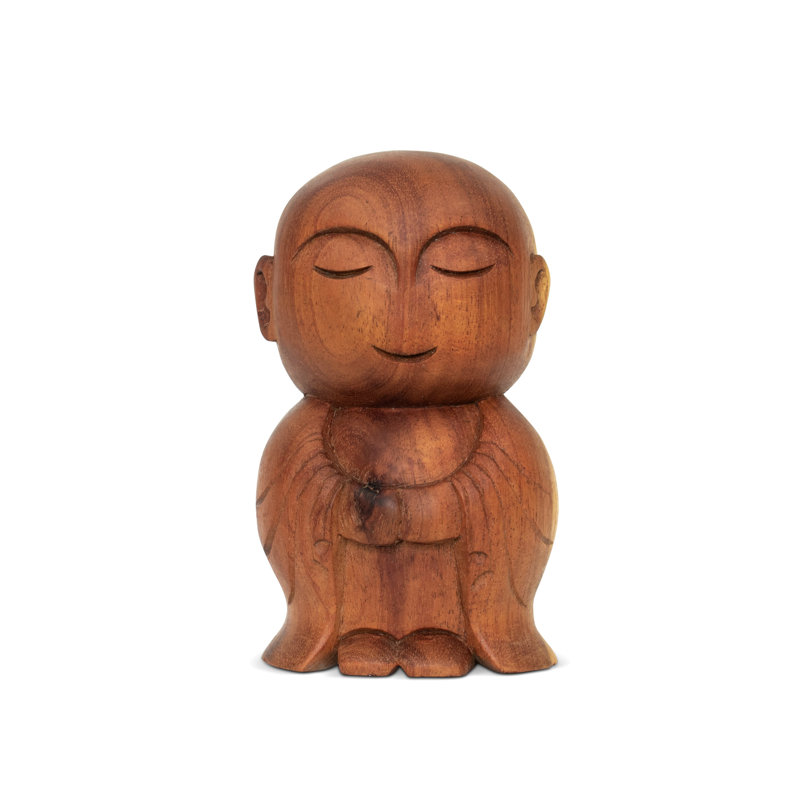 Figurine moine bouddha en bois - Sculpture zen souriante sculptée à la main, décor de méditation paisible