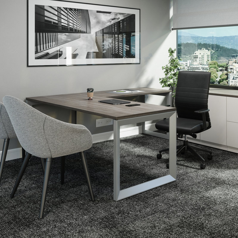 Pivit Steel Frame L-Shape Desk, Grey Ash/Silver, 31" H x 60" W x 24" D