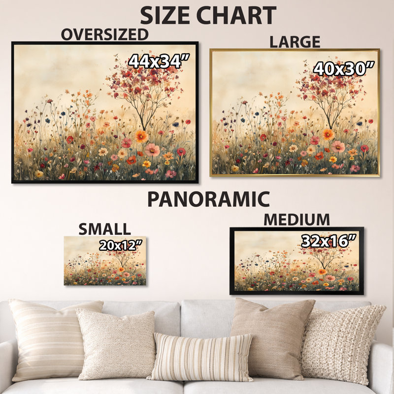 Champ de fleurs sauvages d'été rouges et vertes à l'horizon - Tableau encadré, H 24 po x l 32 po, Cadre naturel