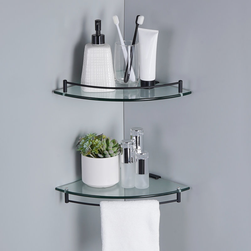 2 Pack Floating Glass Corner Shelf For Bathroom Tempered Glass With Rail Wall Mounted, Matte Black