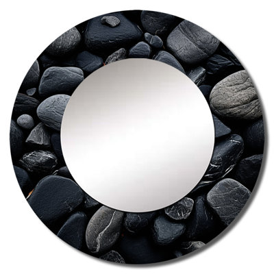Rokeem Black Stones Scenery Minimalism - Stone Geode Mirror, Black Round Unique Wall Mirror, Printed Metal Art