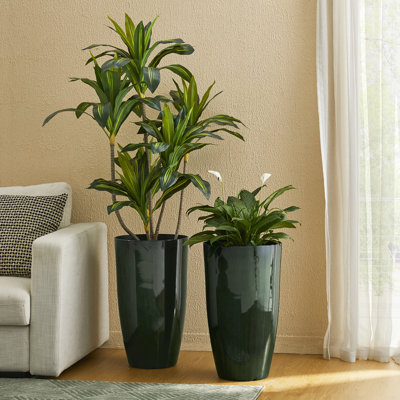 23.5"H Set Of 2 Oversized Gradient Green Faux Ceramic  Tall Plastic Planter