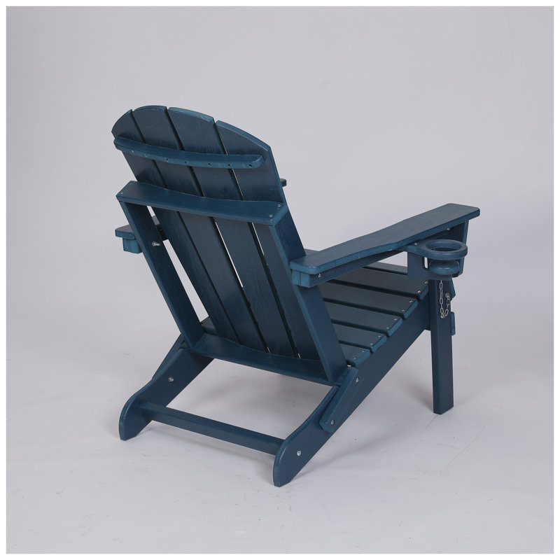 Chaise Adirondack en PEHD pliable, mobilier de patio extérieur bleu marine résistant aux intempéries avec porte-gobelet double et texture bois - capacité de 350 lb