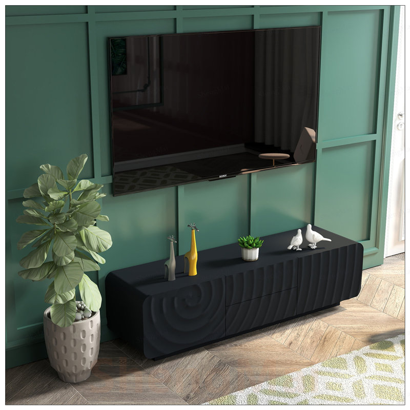 Console de télévision de 58 pouces avec conception unique à spirale ondulée, armoire de rangement et 2 tiroirs pour le salon ou la chambre à coucher