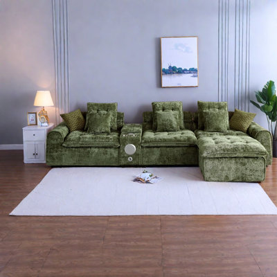 Canapé d'angle modulaire en boucle verte de 143,2 pouces avec rangement pour salon