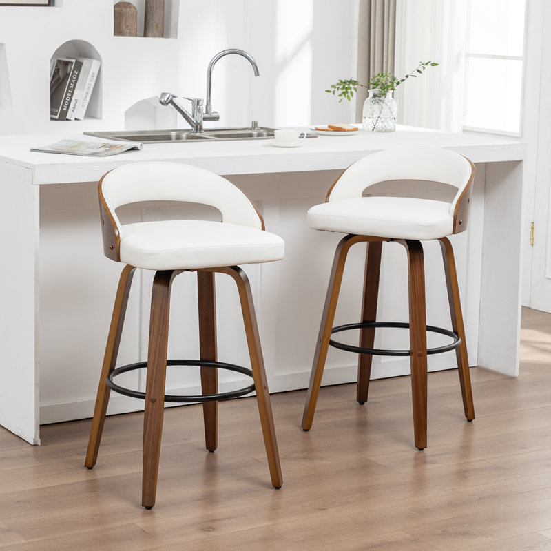 Modern 2-Piece Swivel Barstool Set In Warm Walnut, White, Bar Stool (30" Seat Height)
