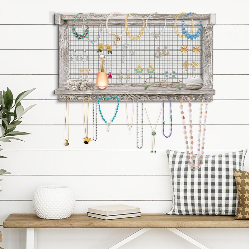 Wall Mounted Jewelry Organizer with Mesh Panel, Rustic Wood Hanging Jewelry Holder with Shelf & Hooks