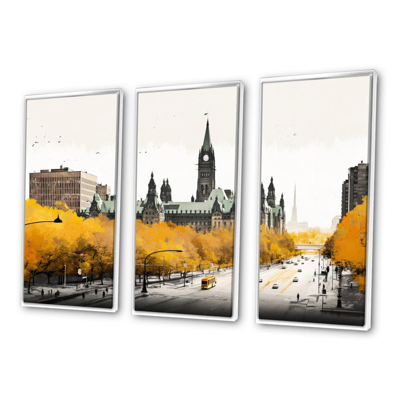 Ottawa in the Fall II - 3 pièces sur toile, H 32 po x l 48 po x P 1 po, Cadre flottant blanc