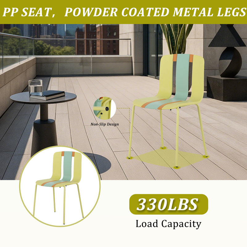 4-Pack Modern Striped Block Chairs – Indoor/Outdoor PP Plastic Seat & Sturdy Metal Legs, Vibrant Yellow, Orange – For Living Room, Balcony, Café, Terrace