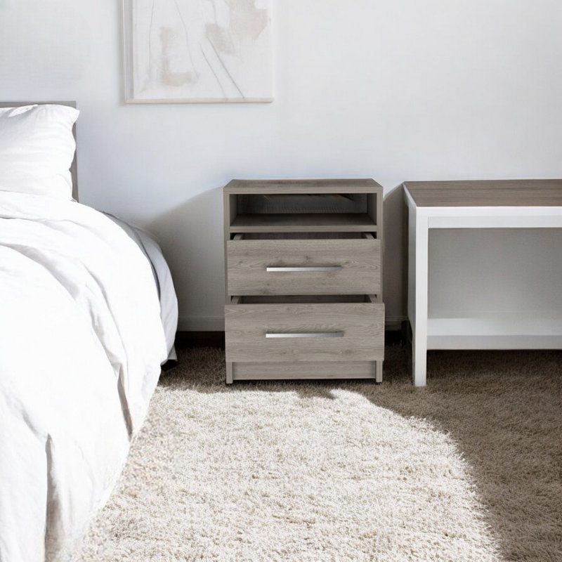 Table de chevet compacte Eter avec deux tiroirs et une tablette, rangement de chevet minimaliste, gris