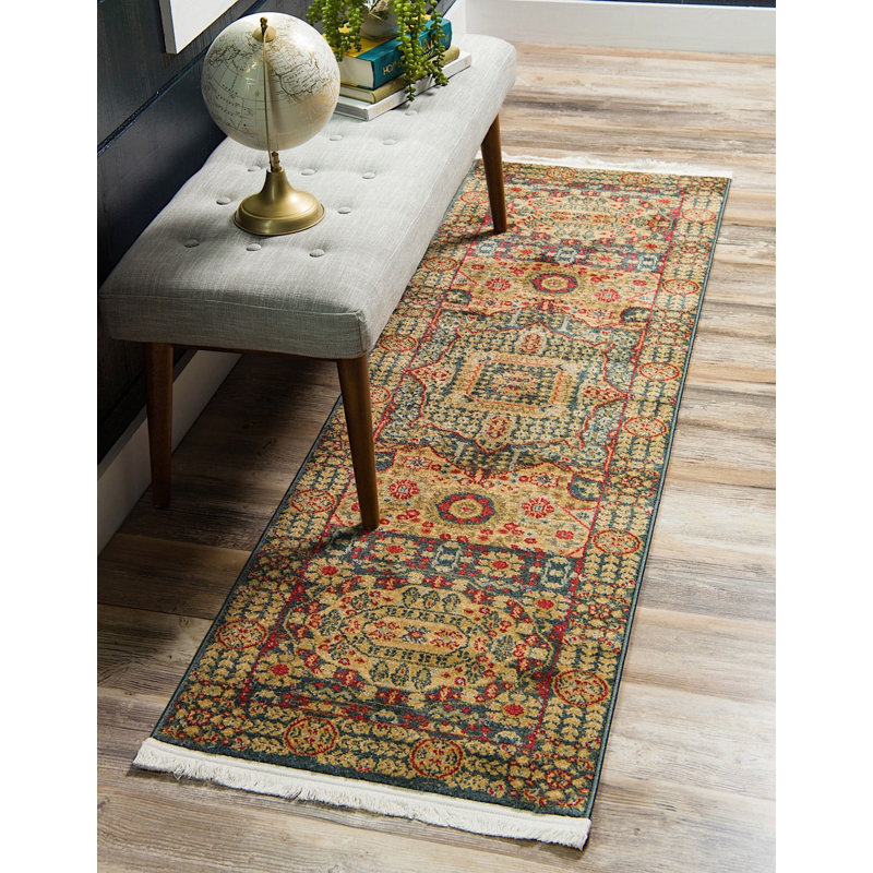 Tapis oriental jaune / bleu Palazzo, Tapis de couloir 2 pi 7 po x 10 pi