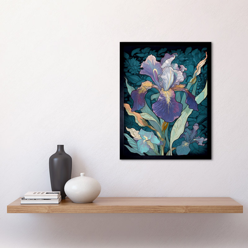 Lundell A Single Iris Flower Bloom Purple Teal And Yellow - Single Picture Frame Print