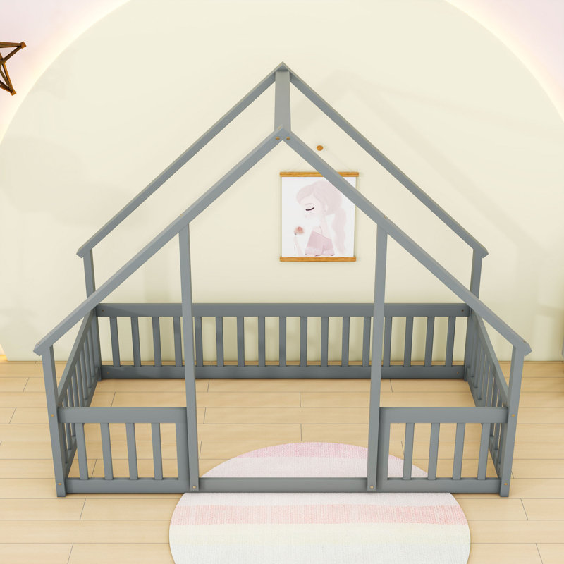 Lit en bois en forme de maison en bois avec clôture, Simple, Gris