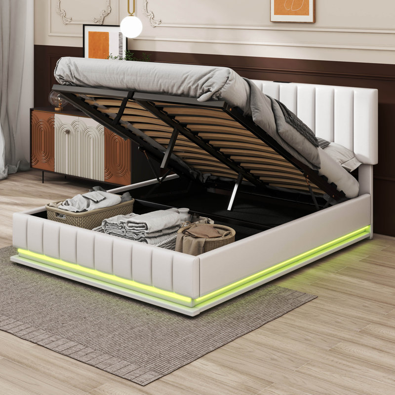 Upholstered Bed With Hydraulic Storage System And LED Light, White, Queen
