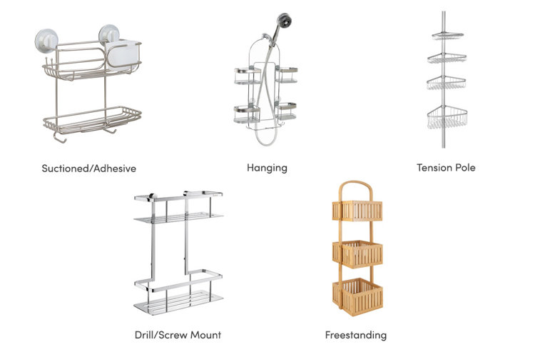 collage of five different types of shower caddies