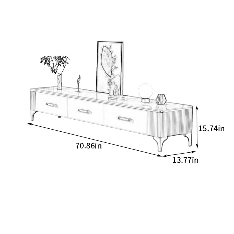 Meuble télé de luxe Italian Light, H 15,74 po x L 70,86 po x l 13,77 po, Or / blanc / gris / noir