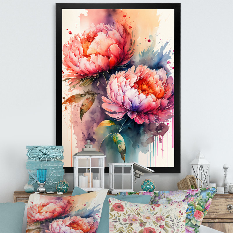 " Vibrant Peonies ", Black Closed Corner Framed Canvas, 20" H x 12" W x 1" D