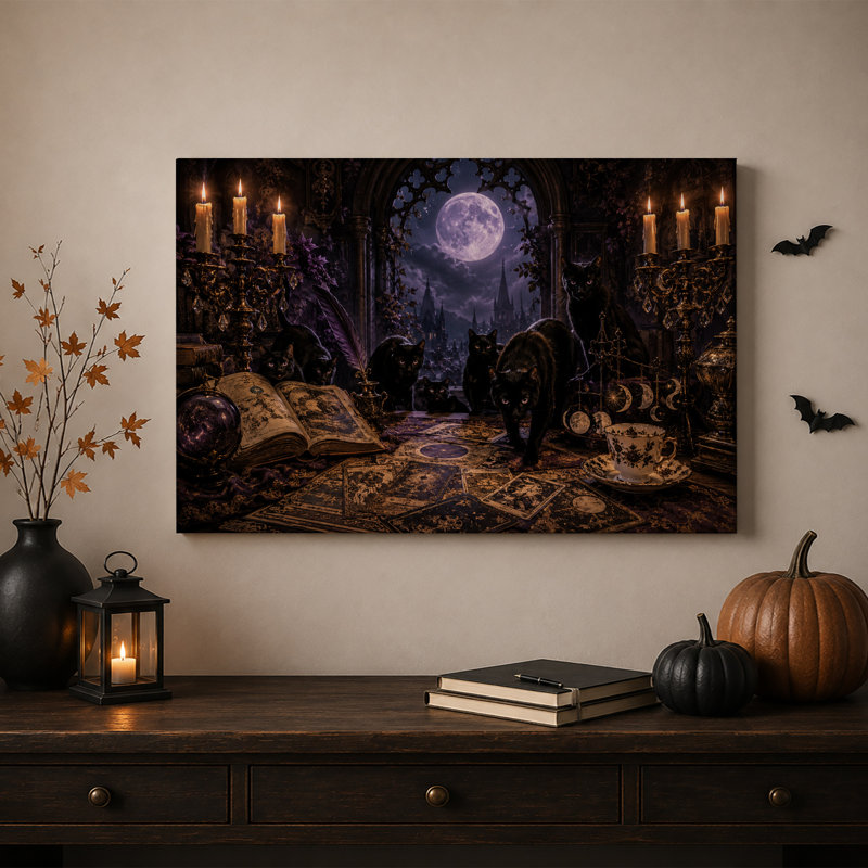 Chats noirs dans une pièce gothique sombre avec pleine lune et toile murale d'Halloween, H 12 po x l 18 po