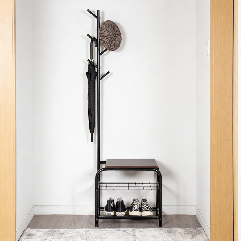 Banc pour hall d'entrée avec rangement, 6 crochets et 2 tablettes pour l'organisation de vestes, de chaussures et de vestibule