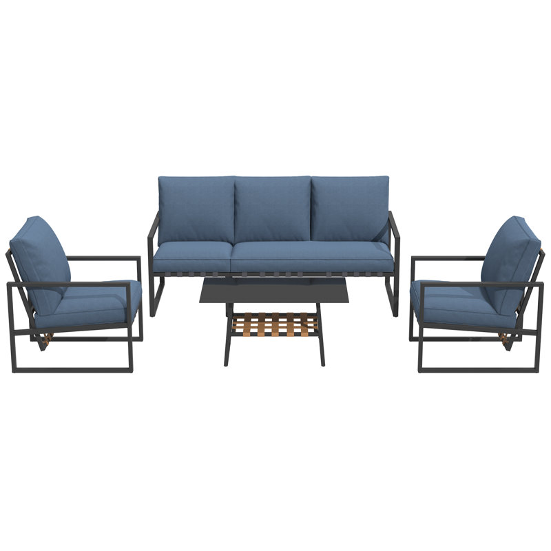 Modern Metal & Faux Rattan Slat Patio Lounge Set For Garden