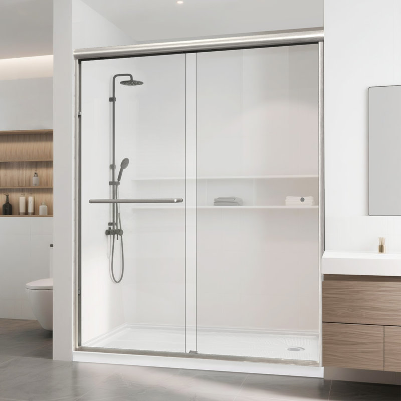 56" to 60" W x 72" H Semi-Frameless Double Sliding Shower Door with Easy-to-Clean Coating, Adjustable Width Bypass Bath Enclosure featuring 1/4" Tempered Glass, Brushed Nickel