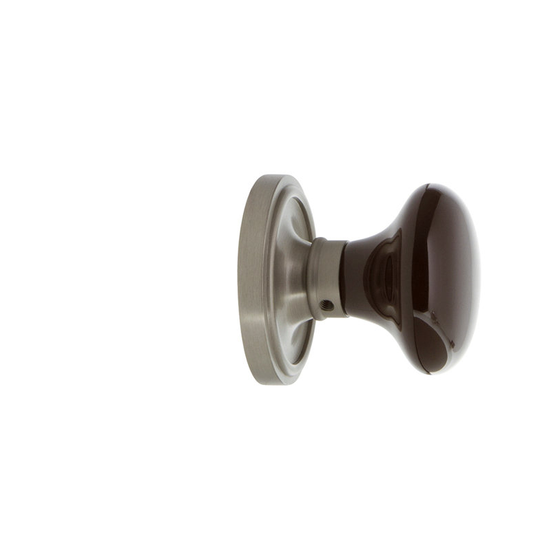 Classic Rosette with Brown Porcelain Door Knob, Satin Nickel, 2-3/8"