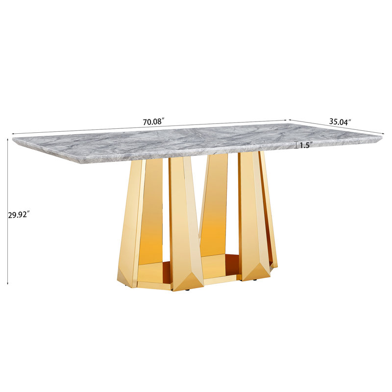 Table de salle à manger rectangulaire en faux marbre avec base en acier inoxydable et pieds en miroir, idéale pour 6 à 8 personnes dans la base de la cuisine, sièges confortables, peut être un présentoir