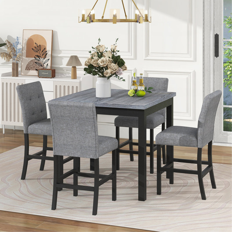 Ensemble de salle à manger 5 pièces à hauteur de comptoir avec table carrée et tabourets avec repose-pieds et 4 chaises rembourrées à haut dossier