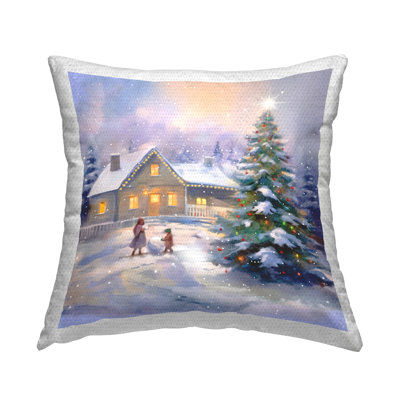 Kids Making Snowman Outdoor Printed Pillow by Enrico McGarrigle