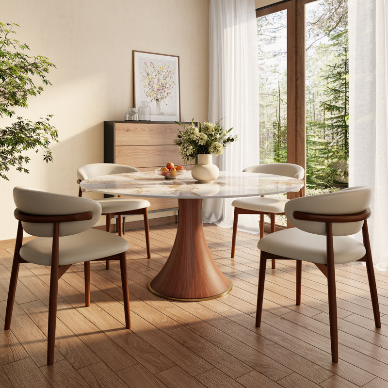 Ensemble de salle à manger 5 pièces Spiro, H 29,52 po x L 47 po x l 47 po, Snowy Table + Dark Brown Chairs
