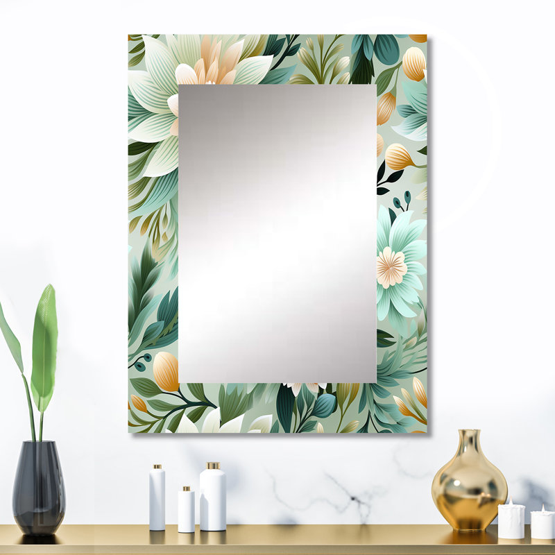 Amysue Mint Poppies Motifs - Miroir mural décoratif floral, chalet, miroir traditionnel, impression d'art en métal