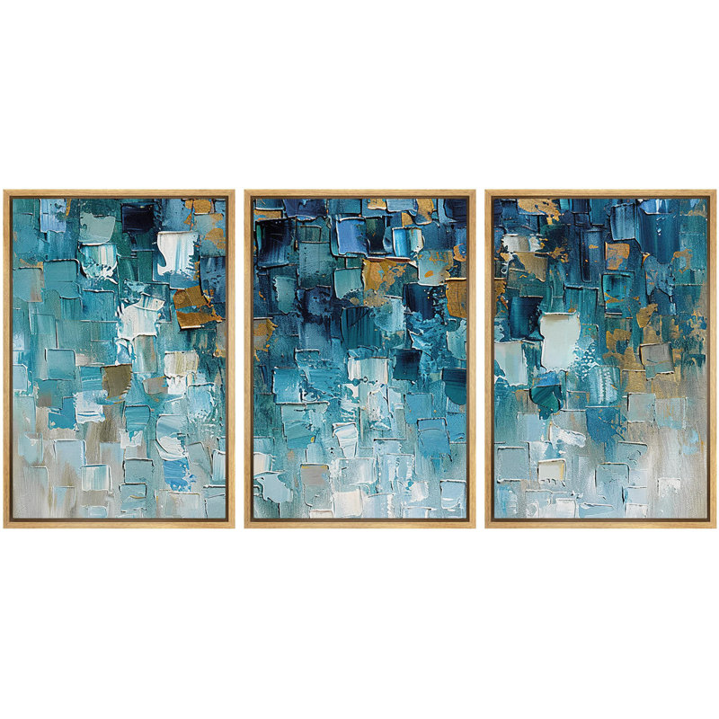 «Cerulean Cityscape», 3 pièces sur toile, H 36 po x l 72 po, Cadre naturel flottant