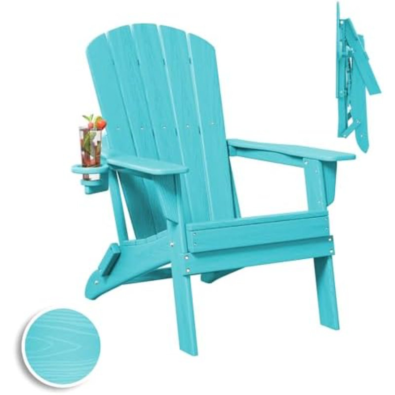 Folding Adirondack Chair, SGS Tested, Wooden Textured with Cup Holder, Heavy All-Weather HDPE Comfortable Set Poolside Backyard Lawn