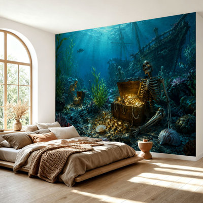 Wall Mural Peel and Stick Wallpaper Underwater Treasure Scene Skeletons Sunken Pirate Ship Self-Adhesive Removable Contact Paper Wall Decor for Living Room Bedroom 69"H x 96"W