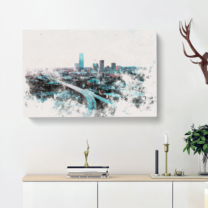 Oklahoma City Skyline Watercolour - Wrapped Canvas, 40cm H x 60cm W x 3cm D