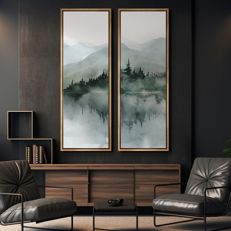 "Misty Forest Mountain Landscape", ensemble de 2 toiles encadrées 20 x 60 pouces, Noir