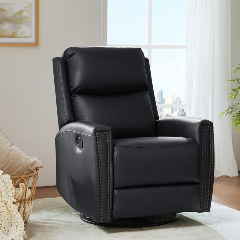 Chikako Genuine Leather Swivel Rocker Manual Recliner, Black Genuine Leather