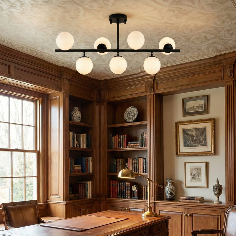 7 Lights Chandelier With Glass Cap, Frosted, Black