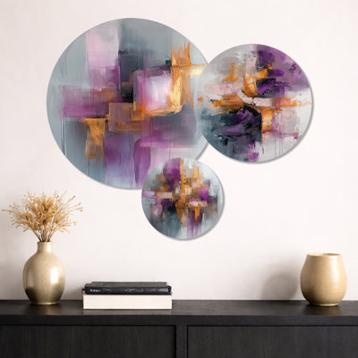 Mauve liquide encre Prismatic Maze I - ensemble moderne de 3 reproductions d'art mural en métal