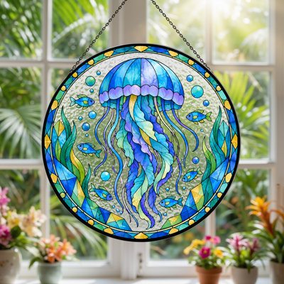 «Blue Jellyfish and Fish in Circular Vitrail», art mural sur toile